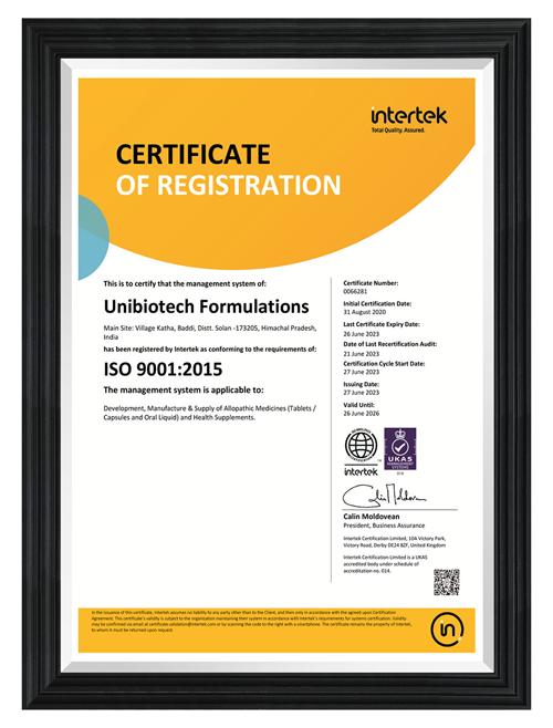Unibiotech Formulations ISO Certificate Of Registration